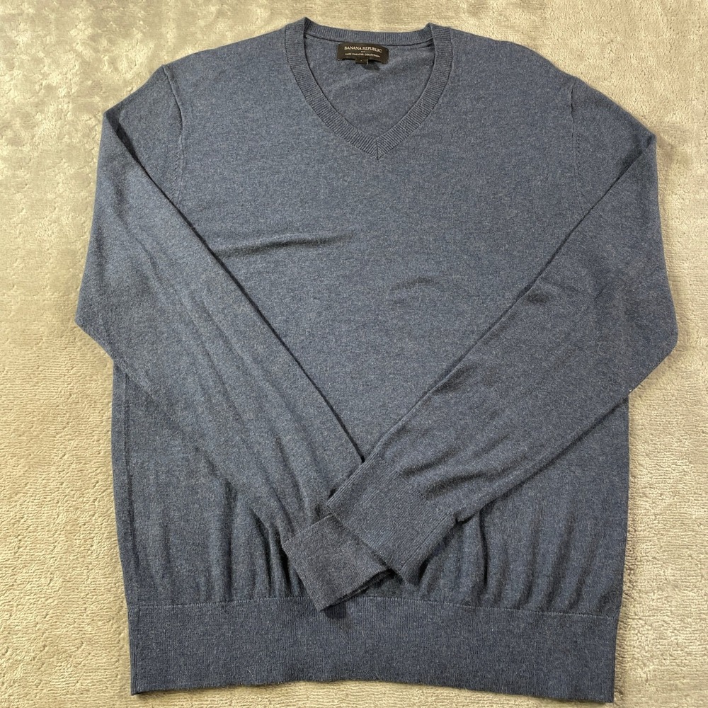 Banana Republic Luxe Sweater Mens Large Blue V Neck‎ Office Preppy Casual Luxury
